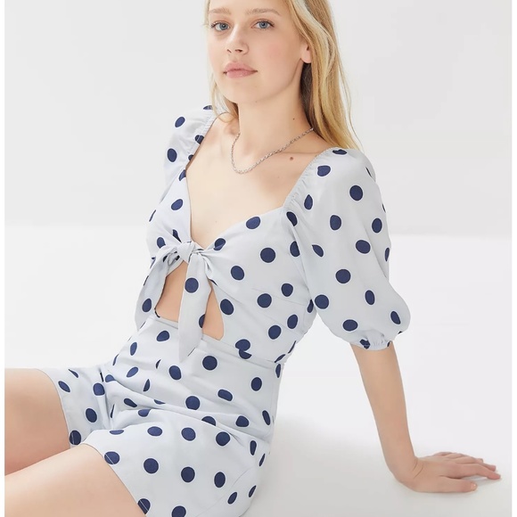 NWT Urban Outfitters Blue Polka Dot Tie Front Romper - Picture 1 of 6